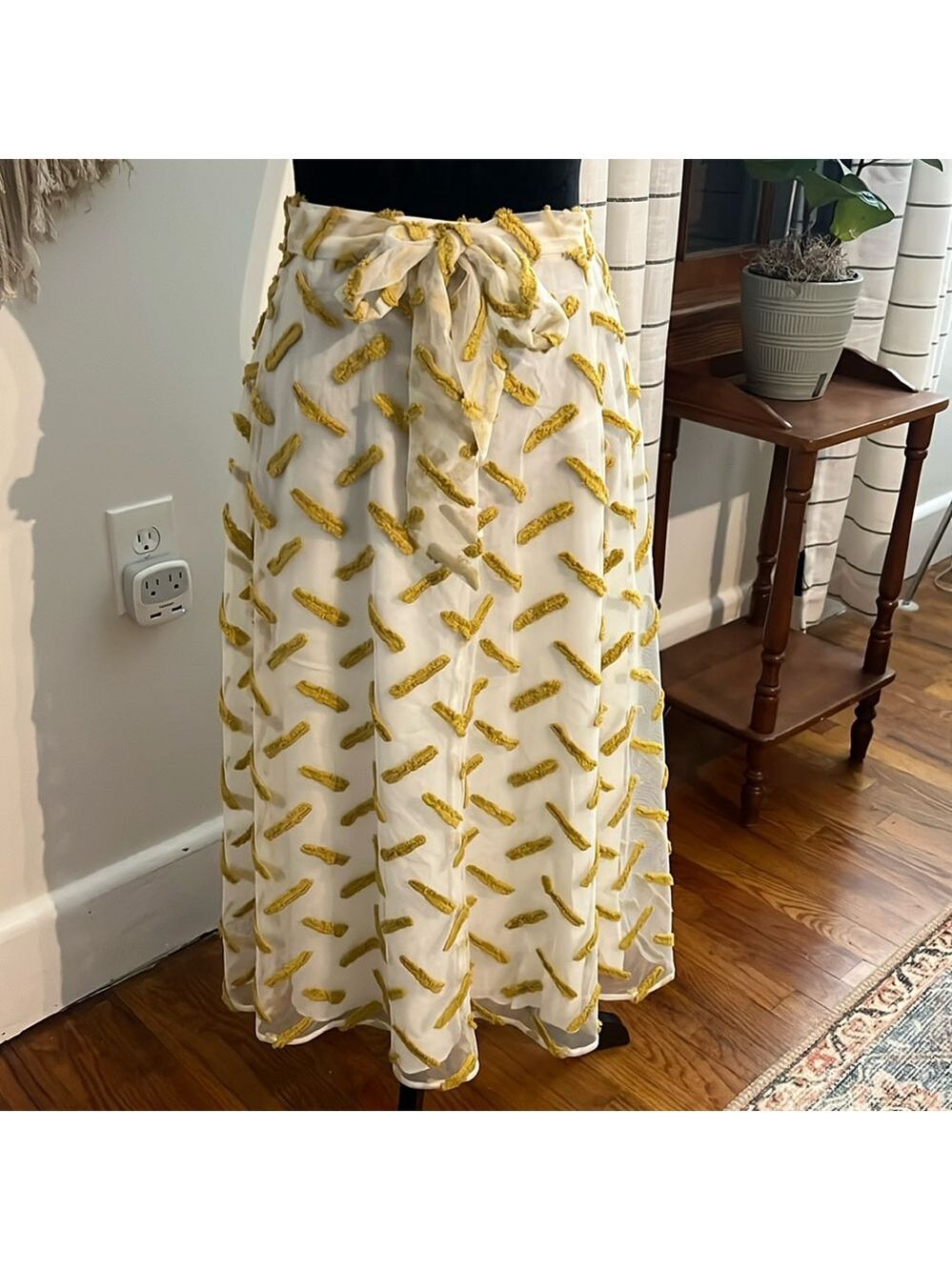 Daniel Rainn Anthropologie Cream & Mustard Embroidered Maxi Skirt Tie Waist - Picture 3 of 9